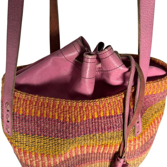 Vintage Woven Sisal Market Basket Tote Bag Leather Drawstring Closure Raffia - Picture 7 of 16